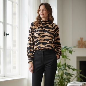 Vero Moda Tan and Black Abstract Print High-Neck Blouse